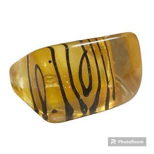 Vintage Lucite Acrylic Ring Size 7 Retro Abstract Hand Painted Yellow Black